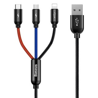 Baseus 倍思 USB to Micro-USB + Lightning + Type-C 3.5A 三原色 1進3出充電傳輸線, 黑色, 1條, 30cm