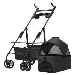 3baby 三個寶 狗狗貓咪輕便可折疊可分離提籃外出寵物推車, 黑色, 1個