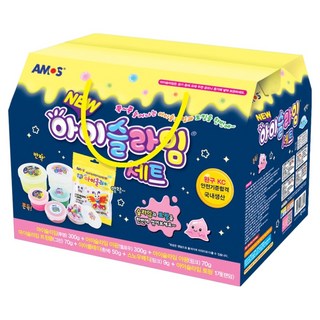 AMOS 阿摩司 兒童夜光史萊姆7件組禮盒 800g, 1套, 夜光黃色 + 透明 + 夜光粉紅色 + 閃亮綠色(史萊姆), 白色(黏土), 粉紅色(魔法雪粉), 隨機出貨(配料)