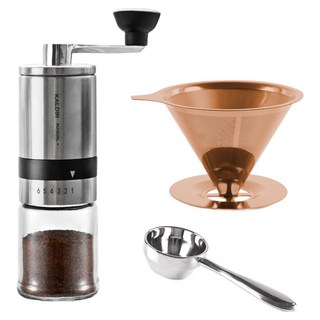 KALDIN 手沖咖啡組合包 手搖磨豆機 + 咖啡豆量匙 + 濾杯 TP01, 1套, 銀色(手搖磨豆機), 玫瑰金(濾杯), 銀色(量匙)