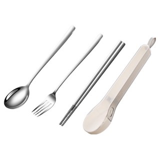 304不鏽鋼隨身餐具收納盒3件組, 1組, 米白色, 湯匙 + 筷子 + 叉子