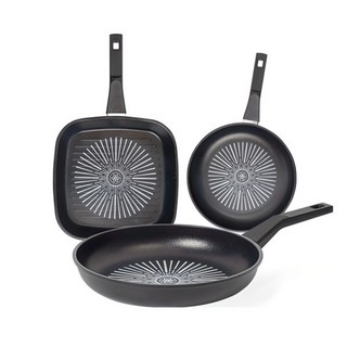 interCOOK 經典鑽石塗層不沾鍋具3件組, 黑色, 1組, 27公分方形煎鍋 + 28公分平底鍋 + 20公分平底鍋