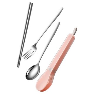 304不鏽鋼隨身餐具收納盒3件組, 1組, 粉紅色, 湯匙 + 筷子 + 叉子