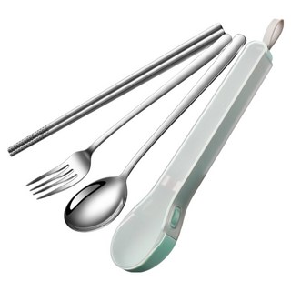 304不鏽鋼隨身餐具收納盒3件組, 1組, 薄荷, 湯匙 + 筷子 + 叉子