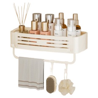 HOUDER 吸盤式太空鋁置物架 四方 升級加高帶桿, 1個, 奶油白