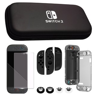 HOHOO 任天堂 Switch 2 多合一配件包 收納包 + 鋼化玻璃 + 保護殼 + 搖桿帽套組, 1套, 黑色, 單一商品