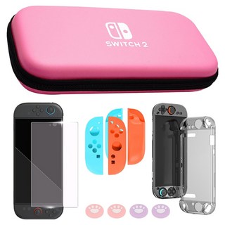 HOHOO 任天堂 Switch 2 多合一配件包 收納包 + 鋼化玻璃 + 保護殼 + 搖桿帽套組, 1套, 粉紅色, 單一商品
