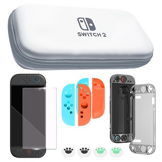 HOHOO 任天堂 Switch 2 多合一配件包 收納包 + 鋼化玻璃 + 保護殼 + 搖桿帽套組, 1套, 白色, 單一商品