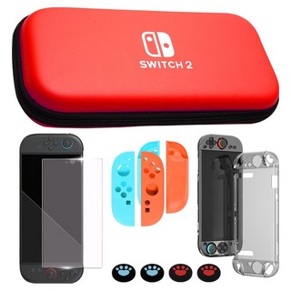 HOHOO 任天堂 Switch 2 多合一配件包 收納包 + 鋼化玻璃 + 保護殼 + 搖桿帽套組, 1套, 紅色, 單一商品