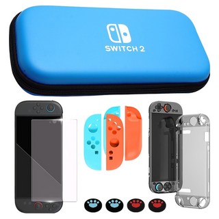 HOHOO 任天堂 Switch 2 多合一配件包 收納包 + 鋼化玻璃 + 保護殼 + 搖桿帽套組, 1套, 藍色, 單一商品