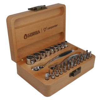 GORILLA 紳士質人手工具 雙棘輪扳手2分扳手36in1套筒起子木盒組, 72齒的起子頭專用2分迷你棘輪扳手 + 108齒的套筒專用2分棘輪扳手 + S2材質工具鋼超耐磨起子頭 25個 + 頂級鉻釩合金鋼齒型套筒 9個, 1組