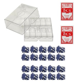 Prefiq 撲克籌碼 dassadotcom 遊戲籌碼 B3 200p + 壓克力盒 + 撲克牌 2副 套組, 1套, 藍色(遊戲籌碼), 紅色(撲克牌)
