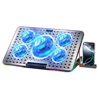 Kyhome F5Plus 五核強力風扇筆電散熱器 雙USB筆電散熱架 筆電增高架 金屬面板散熱墊 七檔調節, 銀藍色, 1個