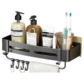 浴室收納4方置物架 單層帶桿, 銀灰色, 1個