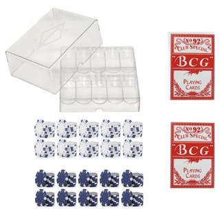 Dassadotcom 彩色籌碼 200p + 壓克力盒 + 撲克牌 2p A5套組, 1套, 白色 + 藍色(彩色籌碼), 混合顏色(收納盒, 撲克牌)