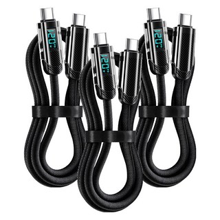 小麥購物 Type-C系列 120W數顯Type-C-Type-C數據線 L1363, 200cm, 黑色, 3條