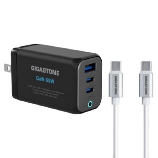 GIGASTONE 立達 GaN 65W氮化鎵Type-C三孔快充充電器+C to C充電傳輸線 支援iPhone16/15/Mac筆電充電頭, 黑色, 1組