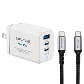 GIGASTONE 立達 GaN 45W 氮化鎵三孔快速充電器 + C to C 100W快充傳輸線 支援iPhone16/MAC/Switch充電頭, 1組, 白色