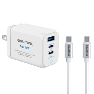 GIGASTONE 立達 GaN 45W氮化鎵Type-C三孔快充充電器+C to C充電傳輸線 支援iPhone16/15/Mac筆電充電頭, 1組, 白色