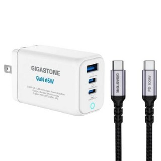 GIGASTONE 立達 GaN 65W 氮化鎵三孔快充充電器 + C to C 100W快充傳輸線 支援iPhone16/Mac/Switch充電頭, 1組, 白色