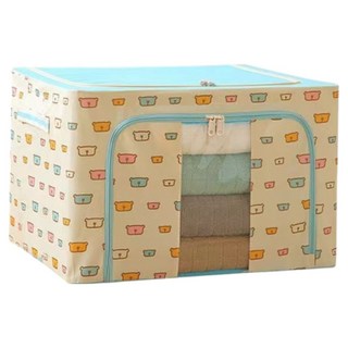 小麥購物 大容量防潑水牛津布雙門單視窗衣物鐵架收納箱 66L, 1個, 藍色小熊 白色