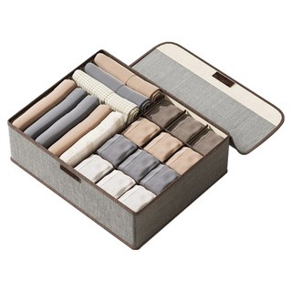 Starshop 可折疊棉麻衣物分格收納盒 帶防塵蓋 13格, 1個, 灰色