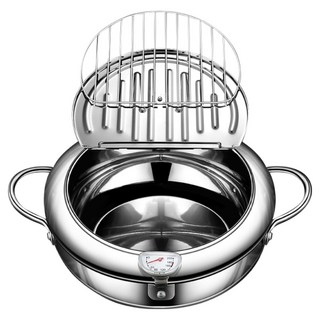 鼎匠 日式304不鏽鋼鍋具組合 24.5cm 3.4L, 1套, 雙耳油炸鍋 + 蓋子 + 溫控錶, 不鏽鋼色