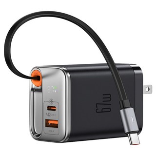 Mcdodo 麥多多 67W USB-C/USB-A 自帶伸縮線雙口氮化鎵快充充電器, 黑色, 1個