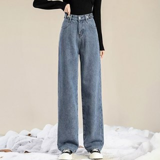 MEICHEL 女款休閒丹寧刷毛直筒牛仔褲 10833