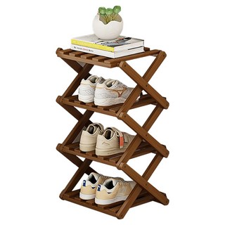 小麥購物 竹製免安裝折疊收納鞋架 L1448 26 x 26 x 54cm 4層, 茶色, 1個