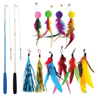 멍냥 고양이 3단 로니 낚시대 2종 x 반짝이 테슬 2종 x 털방울깃털 4종 x 컬러깃털 4종 세트, 혼합색상, 1세트