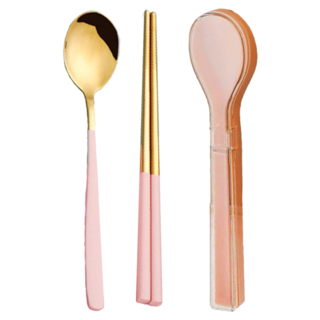 瑞典廚房 北歐風 304不鏽鋼便攜式餐具套組 創意 戶外旅行套裝, 1套, 公主粉, 湯匙 + 筷子 + 收納盒