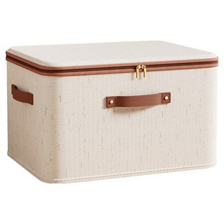小麥購物 天山棉麻拉鏈帶蓋收納箱 L1468 42L, 米白色, 1個