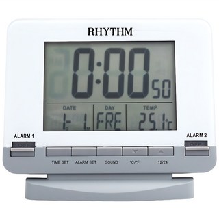 RHYTHM 日本麗聲時計 簡約時尚雙鬧鈴夜燈日期溫度顯示電子鬧鐘, 簡約純白
