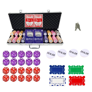 다싸닷컴 國際規格 拉斯維加斯 遊戲籌碼 500片 + 銀色手提箱 + 撲克牌 4副 + 莊家籌碼 4個 + 方形籌碼 4個 + 骰子 20個 + 鑰匙 2把 套組, 1套, 混色