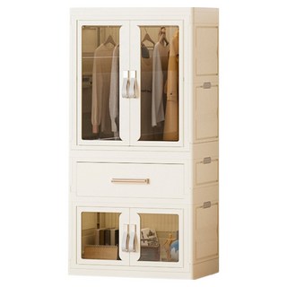 FAmILyLIFE 生活 百變模組折疊收納櫃 附伸縮衣架 6支 衣櫃 + 抽屜櫃 + 雙開收納箱, 米白色