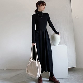 TANIZ Aibeon 高領羅紋傘狀裙針織連身裙, 黑色