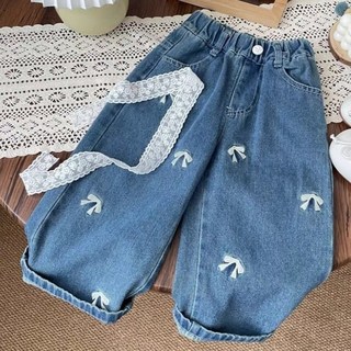 兒童款Ioroo蝴蝶結刺繡牛仔鬆緊寬鬆長褲