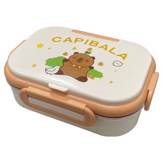 日系316不鏽鋼保溫便當盒 動物款 3格 附餐具 + 保溫袋, 1套, 卡皮巴拉 米白色