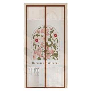 半島良品 金剛網櫻花絨拼接防蚊門簾/磁吸門簾, 春暖粉花 白色