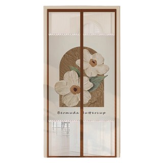 半島良品 金剛網櫻花絨拼接防蚊門簾/磁吸門簾, 山茶戀 白色 + 棕色