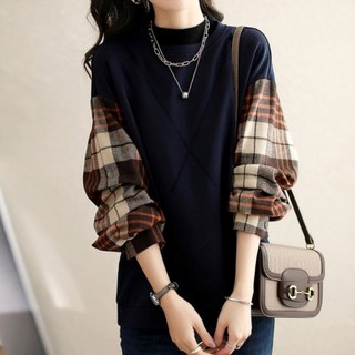 Sellys 格紋袖圓領大學T I4A-CTS003
