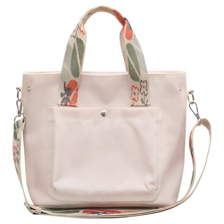 Sayaka 紗彌佳 日系清新花漾織帶撞色大口袋 手提肩背二用包, 米白色