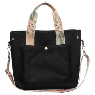 Sayaka 紗彌佳 日系清新花漾織帶撞色大口袋 肩背包二用包, 黑色