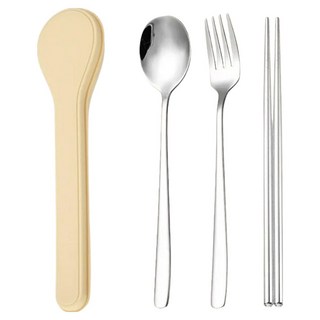 JUST HOME 馬卡龍304不鏽鋼隨身筷匙叉3件組 附盒 7049-40-1, 1套, 米色, 筷子 + 湯匙 + 叉子 + 收納盒