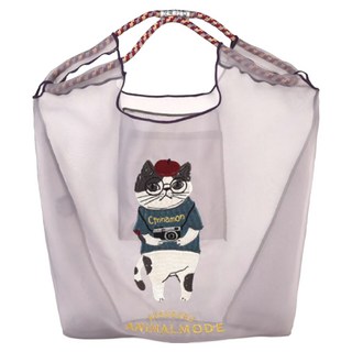 kUSUgURU JAPAN 日本眼鏡貓 Animal Mode系列 緹花繩手柄刺繡 傘繩購物包/網紗提包, 灰色