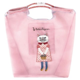 kUSUgURU JAPAN 日本眼鏡貓 Parlor Suzuran-do系列 緹花繩手柄刺繡 傘繩購物包/網紗提包, 粉色