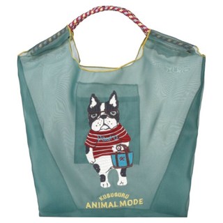 kUSUgURU JAPAN 日本眼鏡貓 Animal Mode系列 緹花繩手柄刺繡 傘繩購物包/網紗提包, 綠色