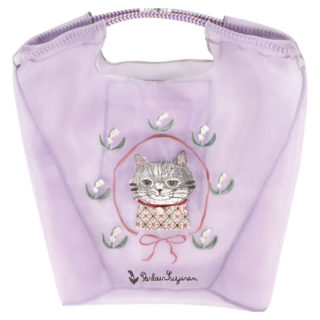 kUSUgURU JAPAN 日本眼鏡貓 Parlor Suzuran-do系列 緹花繩手柄刺繡 傘繩購物包/網紗提包, 紫色