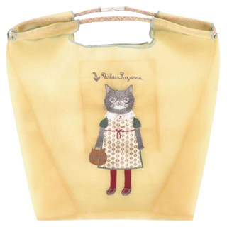 kUSUgURU JAPAN 日本眼鏡貓 Parlor Suzuran-do系列 緹花繩手柄刺繡 傘繩購物包/網紗提包, 黃色